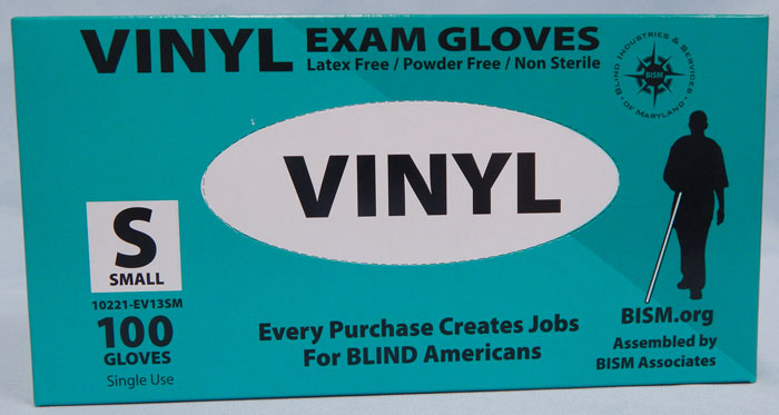 BISM Brand vinyl gloves in teal box - small size